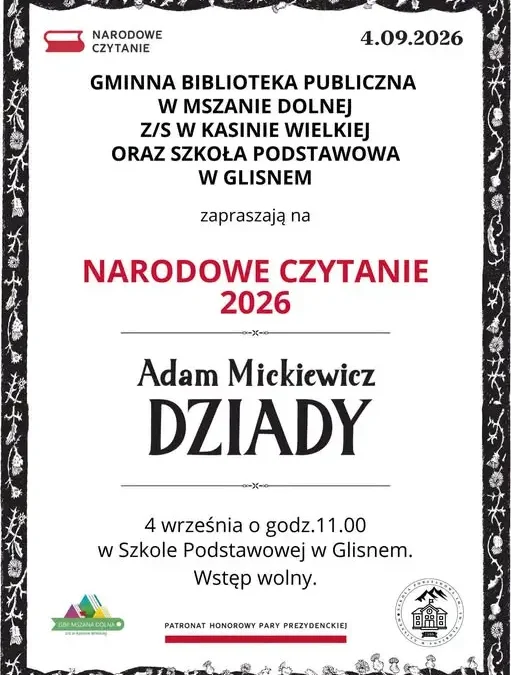 Narodowe Czytanie 2026 w Glisnem: Wspólna lektura „Dziadów” Mickiewicza
